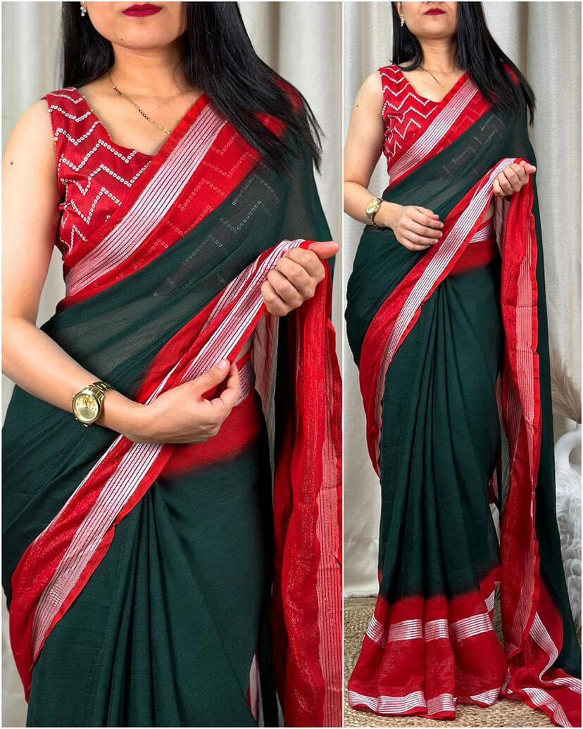 Flattering Dark Green Digital Printed Chiffon Saree With Blooming Blouse Piece