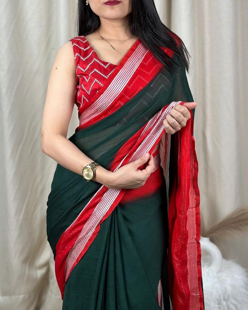 Flattering Dark Green Digital Printed Chiffon Saree With Blooming Blouse Piece