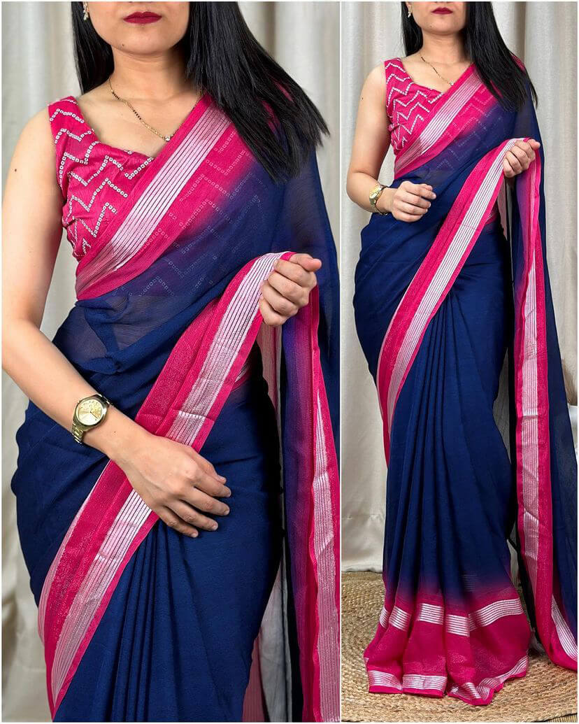 Surreptitious Navy Blue Digital Printed Chiffon Saree With Symmetrical Blouse Piece