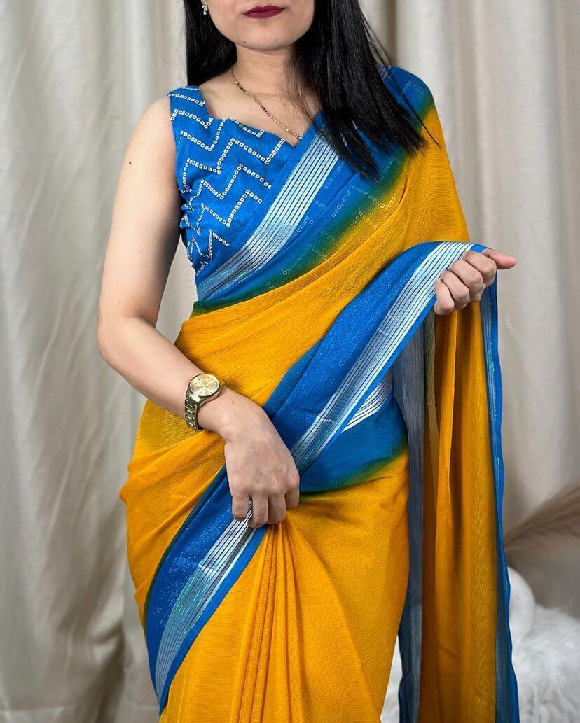 Adoring Yellow Digital Printed Chiffon Saree With Evocative Blouse Piece