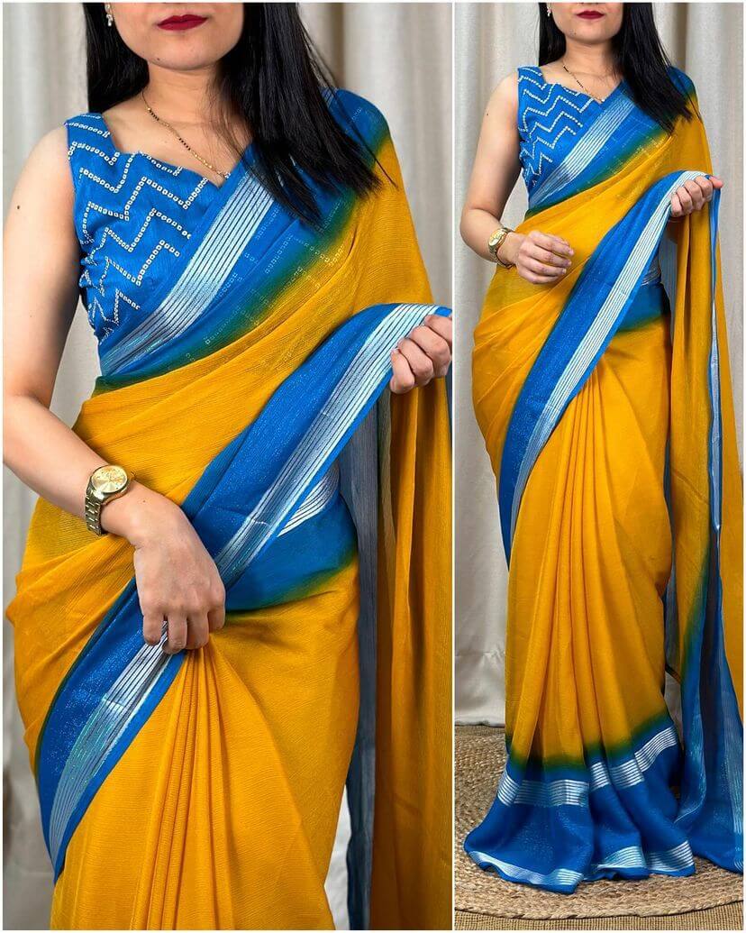 Adoring Yellow Digital Printed Chiffon Saree With Evocative Blouse Piece