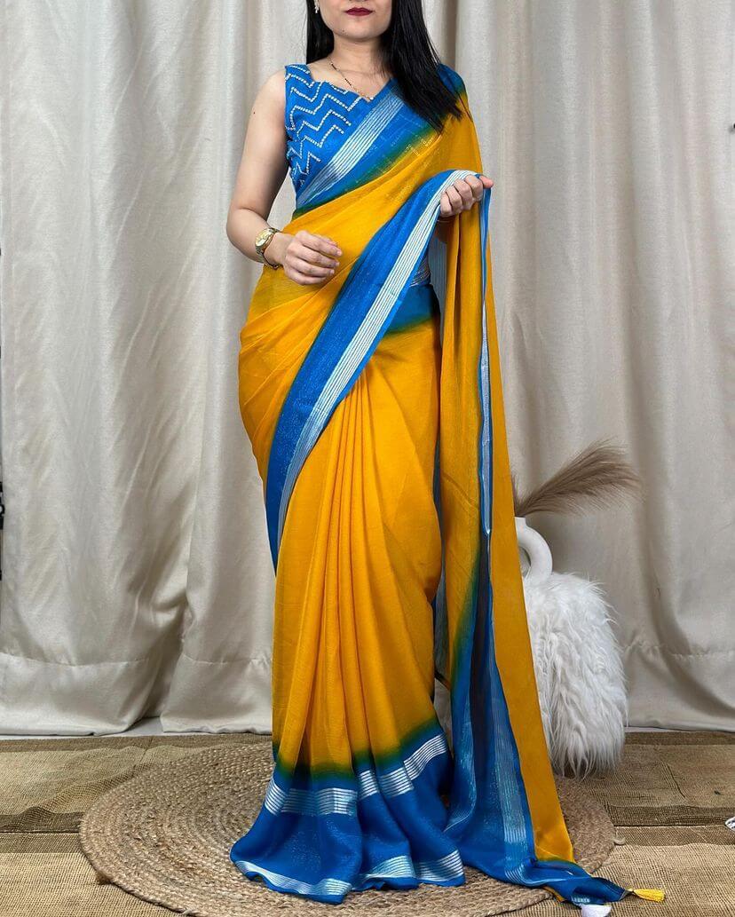 Adoring Yellow Digital Printed Chiffon Saree With Evocative Blouse Piece