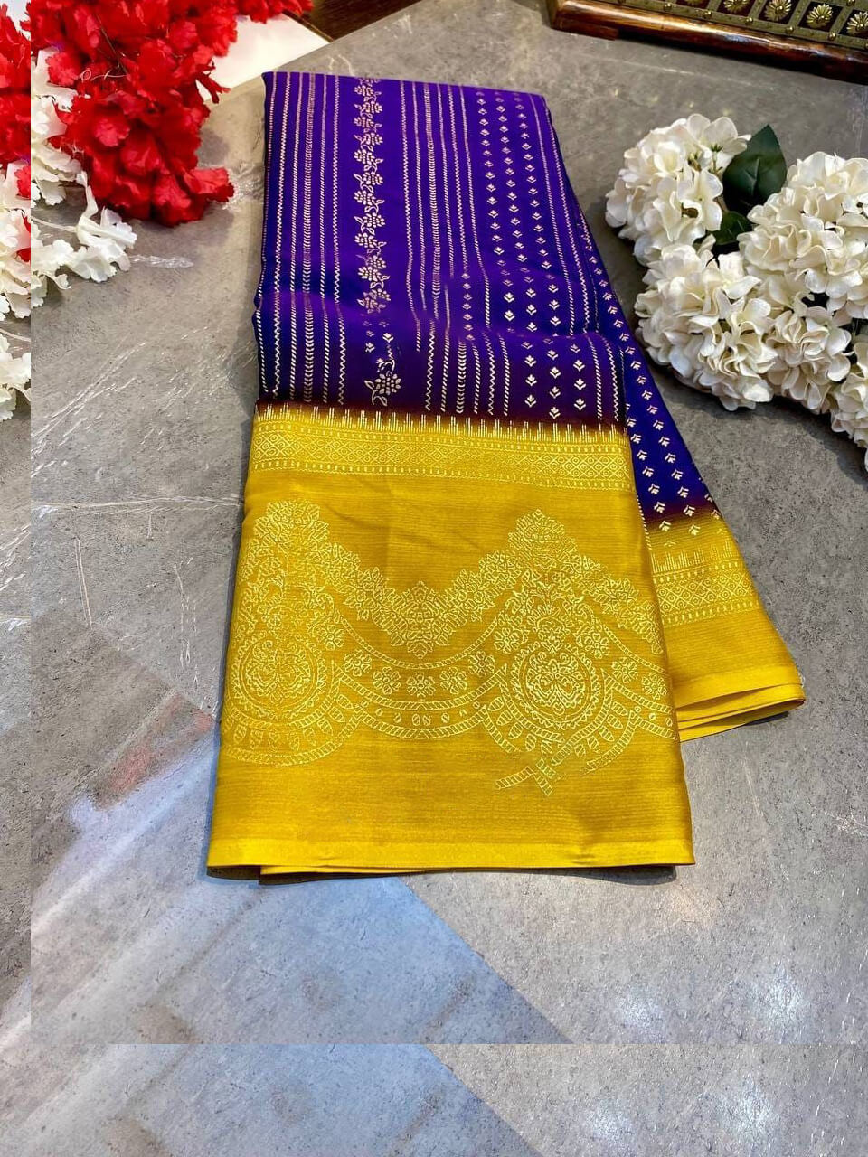 Excellent Royal Blue Digital Printed Chiffon Saree With Ravishing Blouse Piece