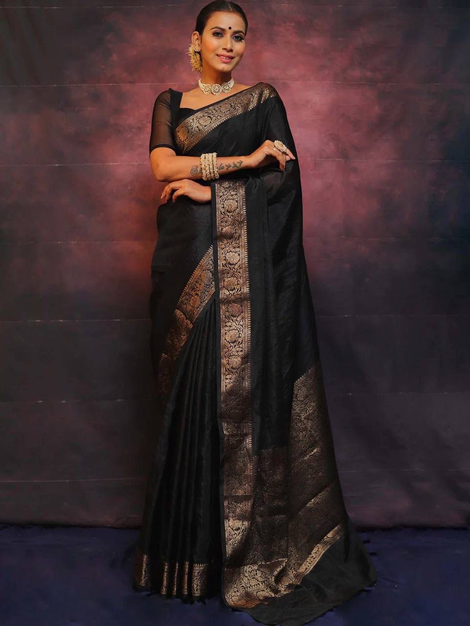 Angelic Black Soft Silk Saree With Ethnic Blouse Piece