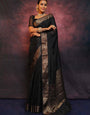 Angelic Black Soft Silk Saree With Ethnic Blouse Piece