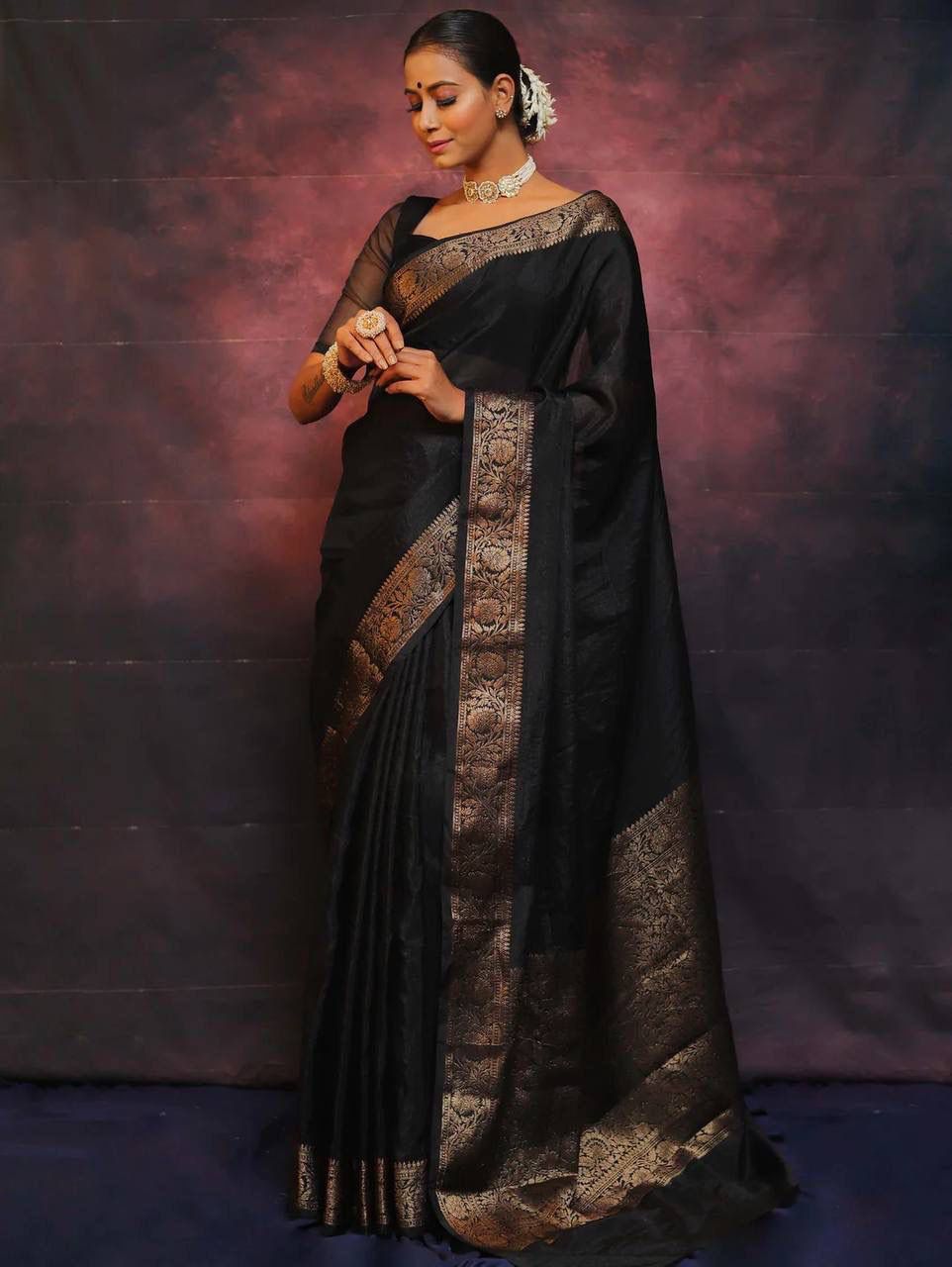 Angelic Black Soft Silk Saree With Ethnic Blouse Piece