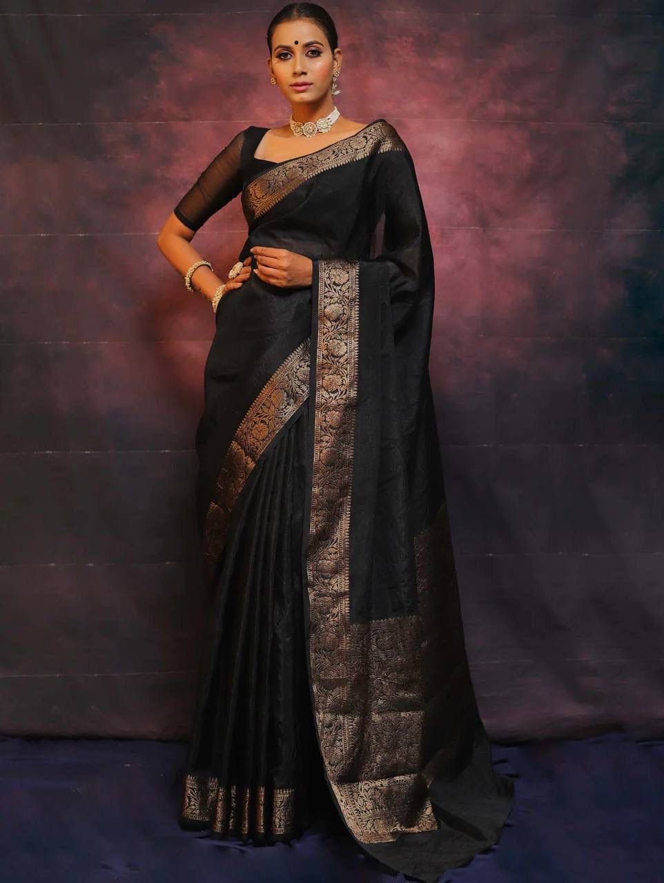 Angelic Black Soft Silk Saree With Ethnic Blouse Piece