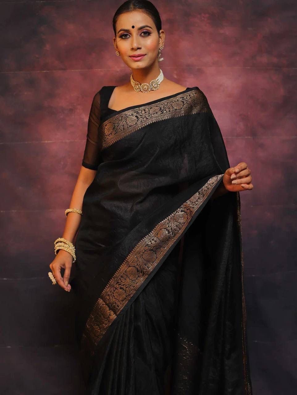 Angelic Black Soft Silk Saree With Ethnic Blouse Piece