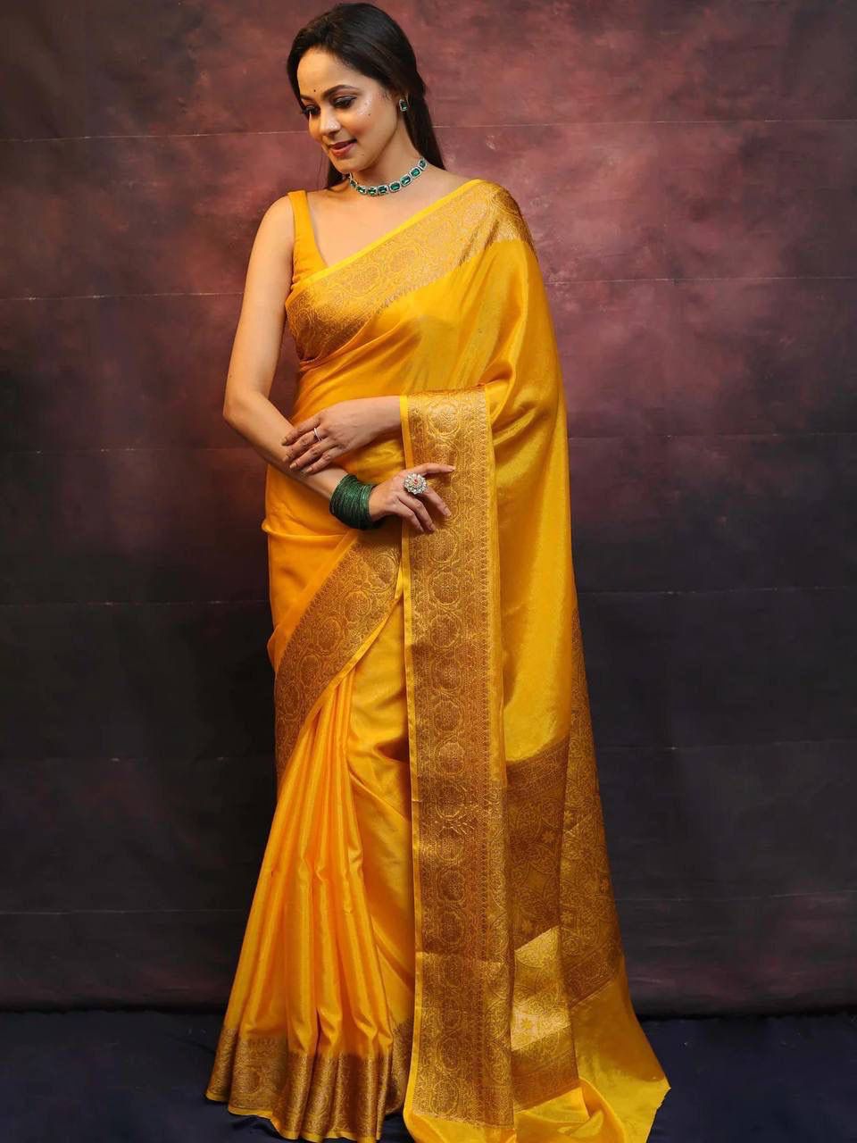 Impressive Dark-Yellow Soft Silk Saree With A glam Blouse Piece