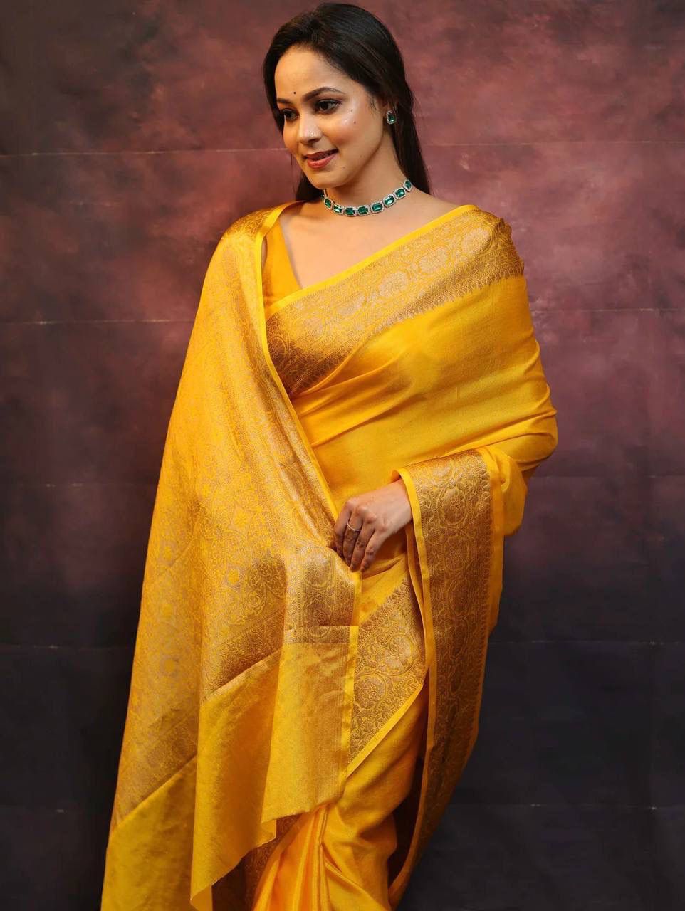 Impressive Dark-Yellow Soft Silk Saree With A glam Blouse Piece