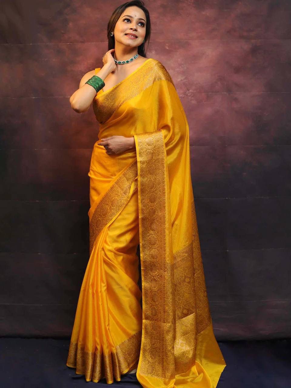 Impressive Dark-Yellow Soft Silk Saree With A glam Blouse Piece