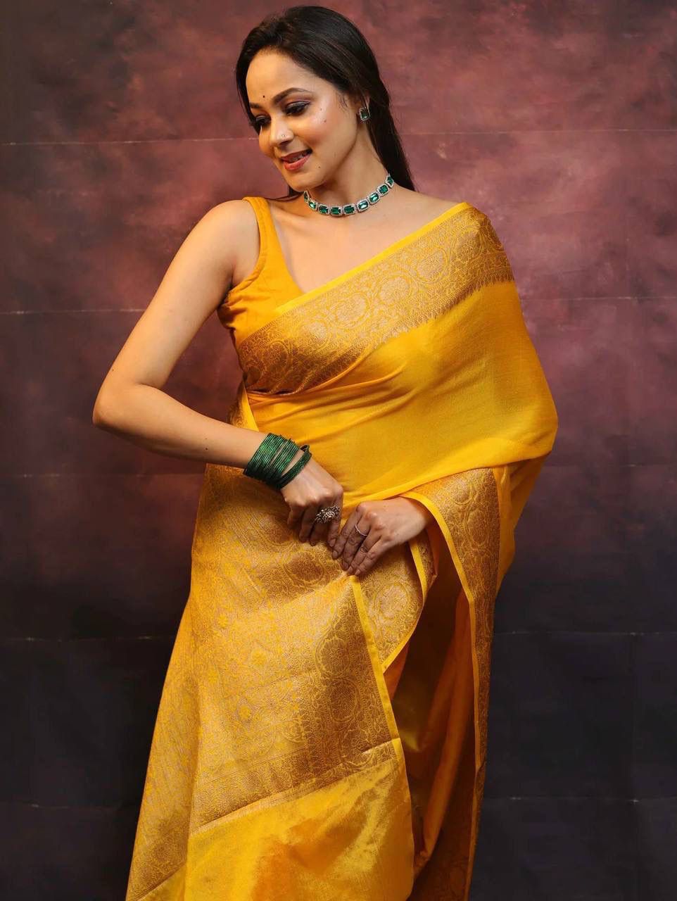 Impressive Dark-Yellow Soft Silk Saree With A glam Blouse Piece