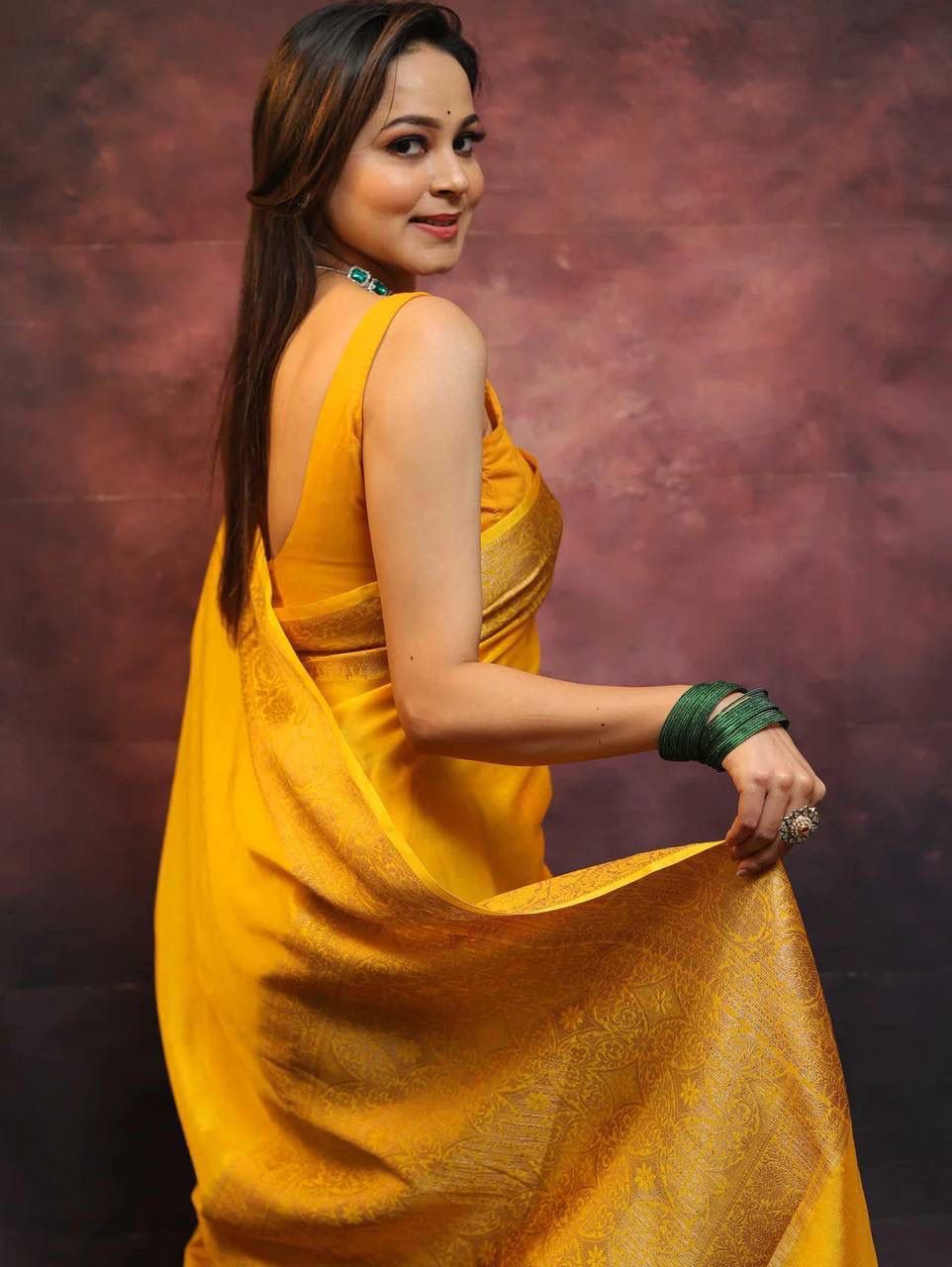 Impressive Dark-Yellow Soft Silk Saree With A glam Blouse Piece