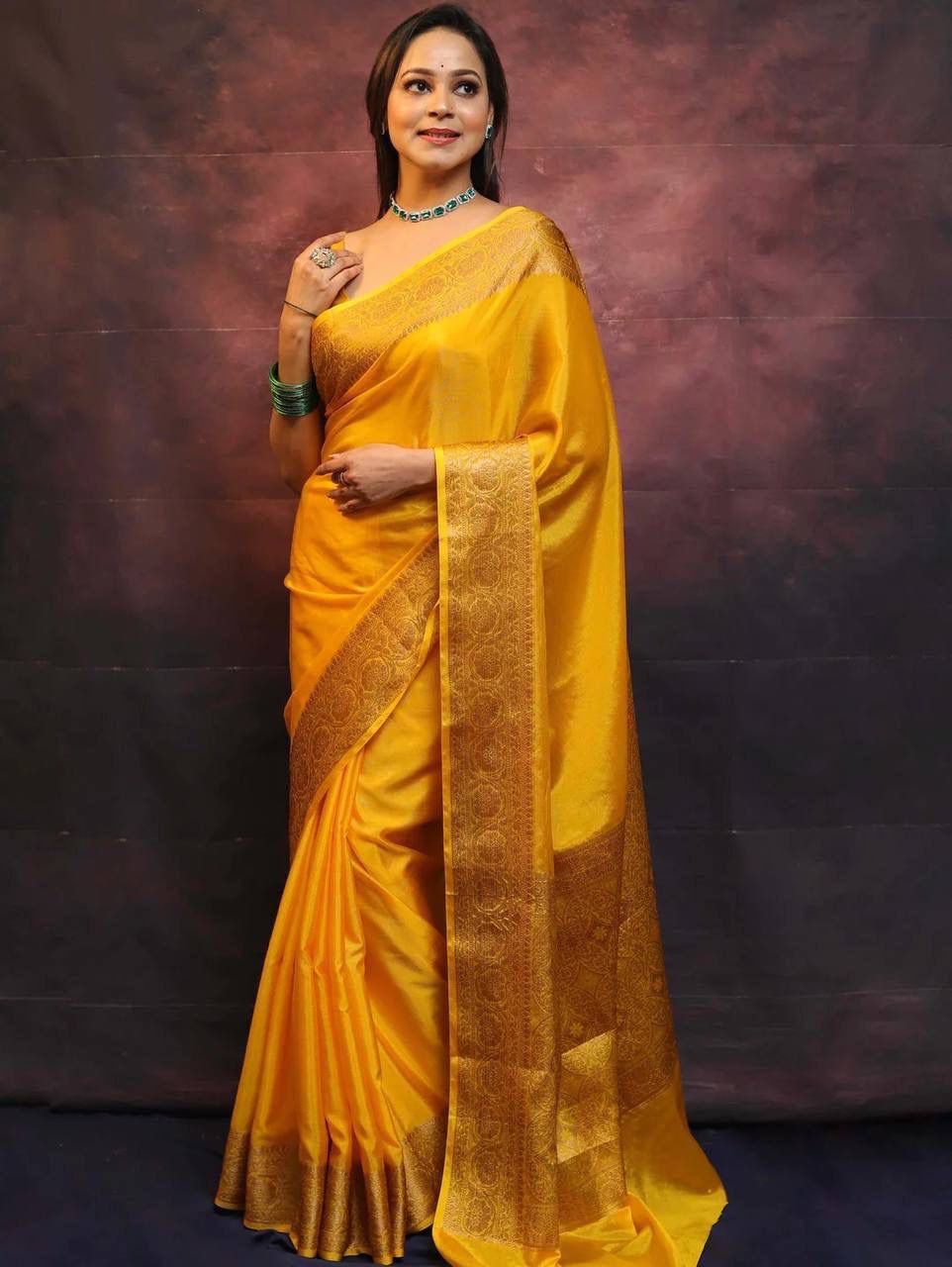 Impressive Dark-Yellow Soft Silk Saree With A glam Blouse Piece