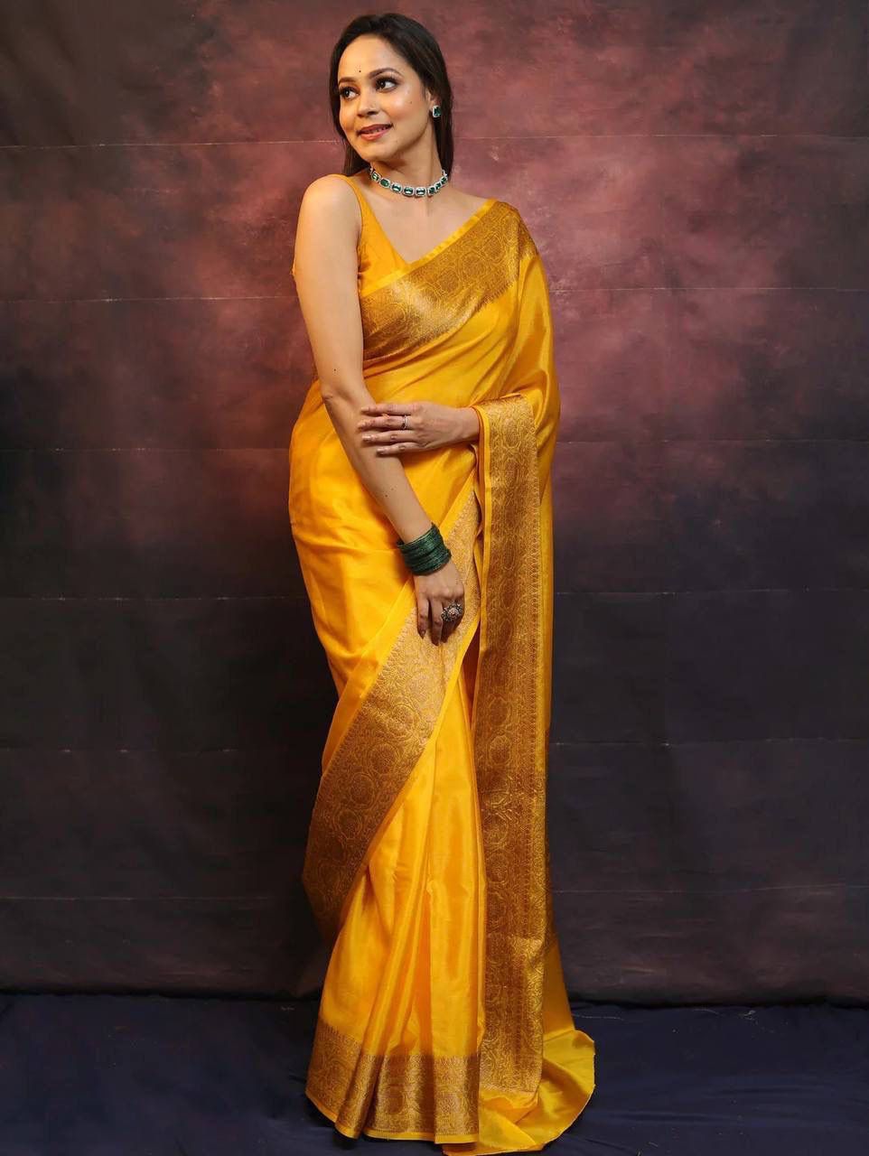 Impressive Dark-Yellow Soft Silk Saree With A glam Blouse Piece