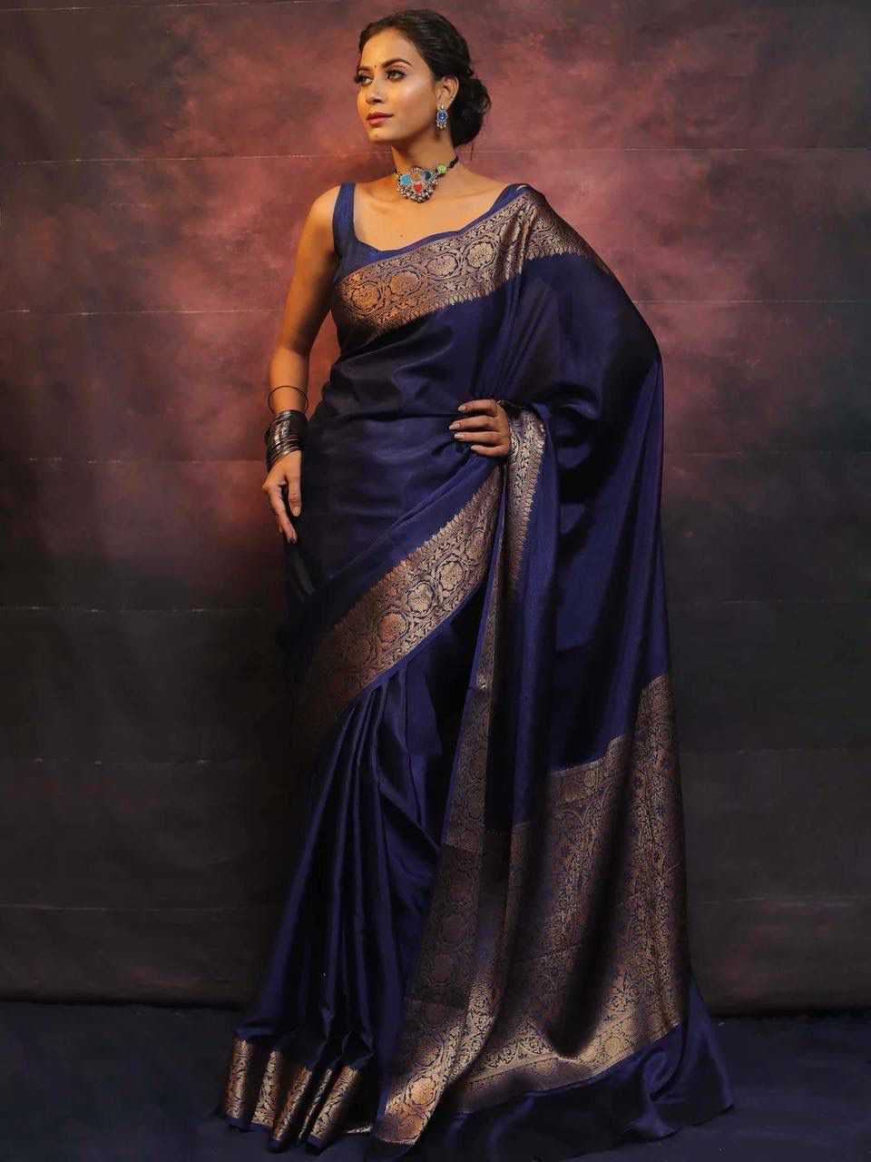 Bewitching Navy Blue Soft Silk Saree With Eloquence Blouse Piece