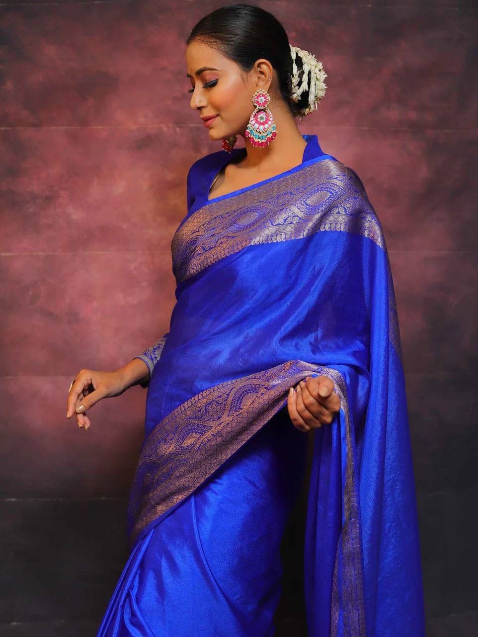 Flattering Royal Blue Soft Silk Saree With Charming Blouse Piece