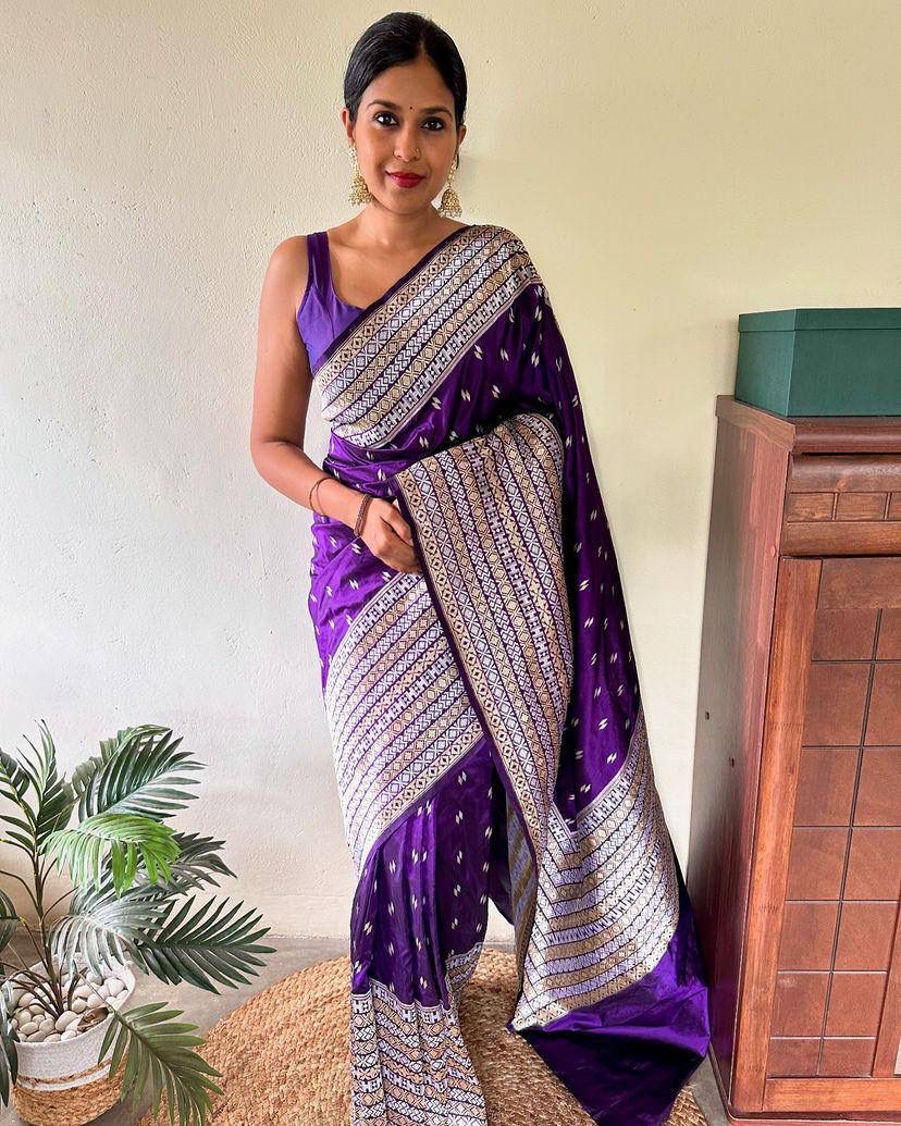 Appealing Purple Soft Silk Saree With Gorgeous Blouse Piece