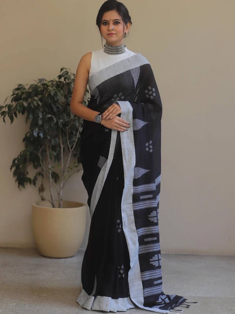 Dalliance Black Cotton Silk Saree With Prettiest Blouse Piece