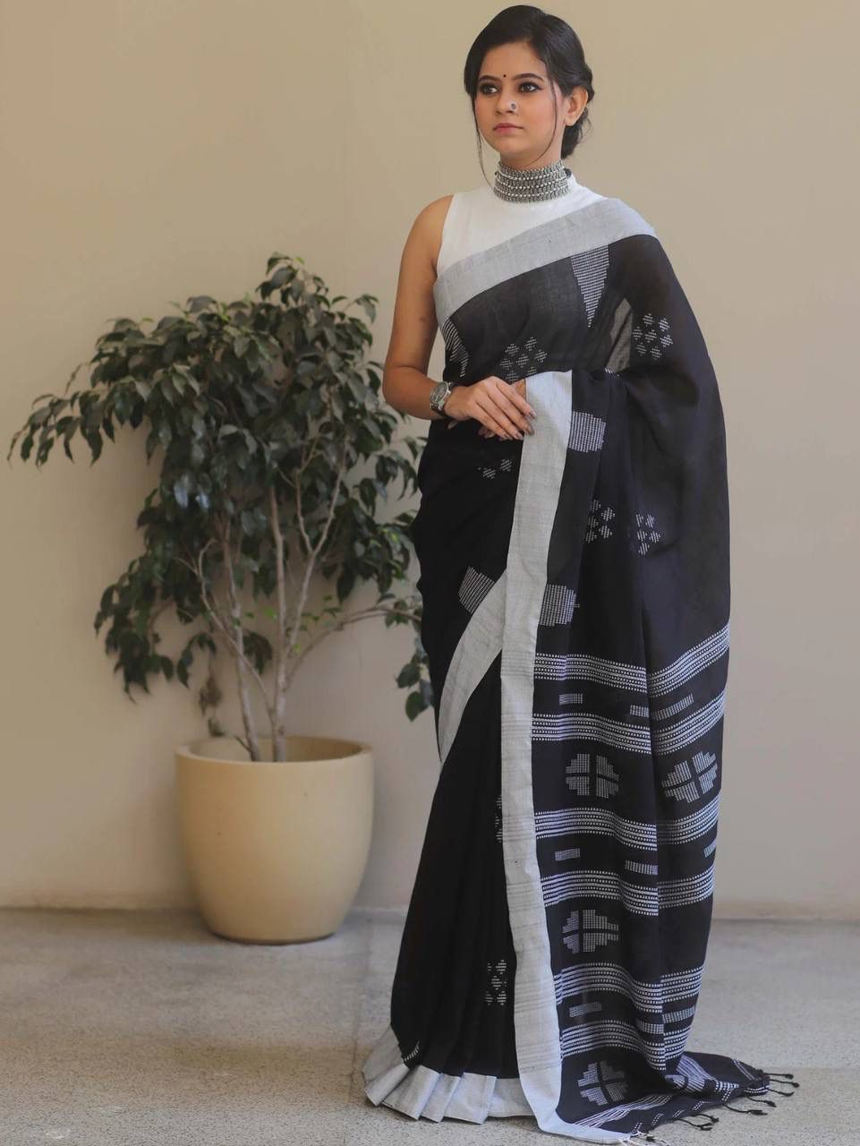 Dalliance Black Cotton Silk Saree With Prettiest Blouse Piece