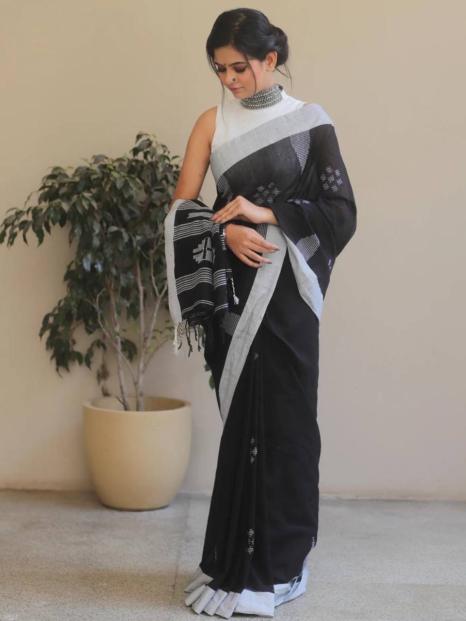 Dalliance Black Cotton Silk Saree With Prettiest Blouse Piece