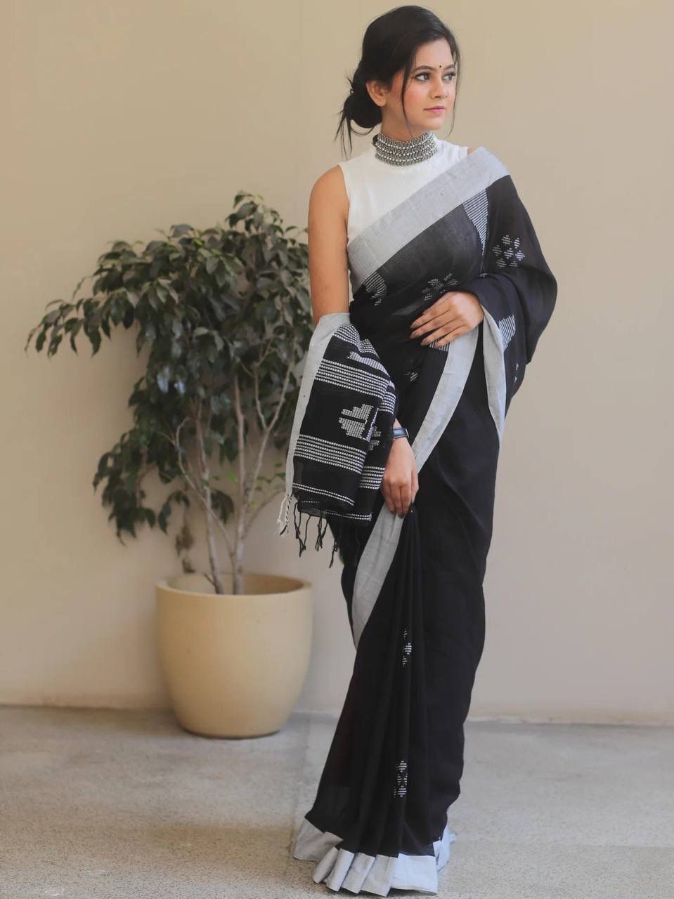Dalliance Black Cotton Silk Saree With Prettiest Blouse Piece
