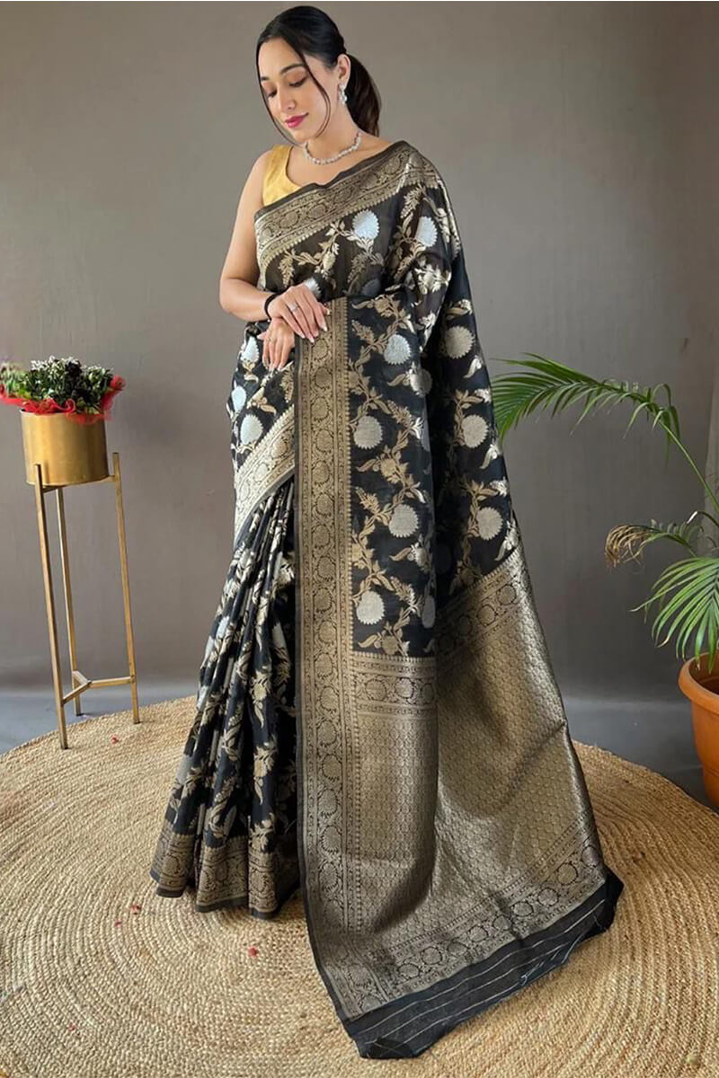 Dalliance Black Cotton Silk Saree With Prettiest Blouse Piece