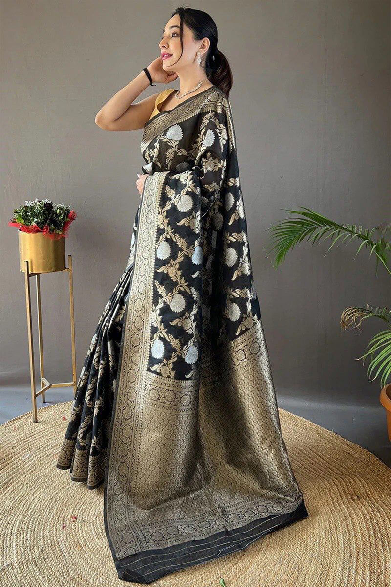 Dalliance Black Cotton Silk Saree With Prettiest Blouse Piece