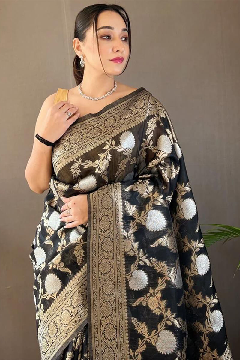 Dalliance Black Cotton Silk Saree With Prettiest Blouse Piece