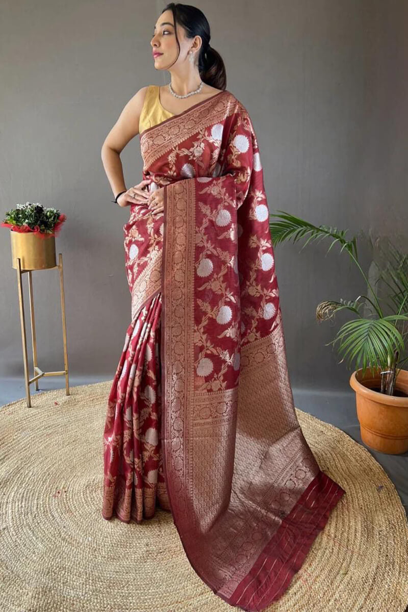 Dalliance Maroon Cotton Silk Saree With Prettiest Blouse Piece