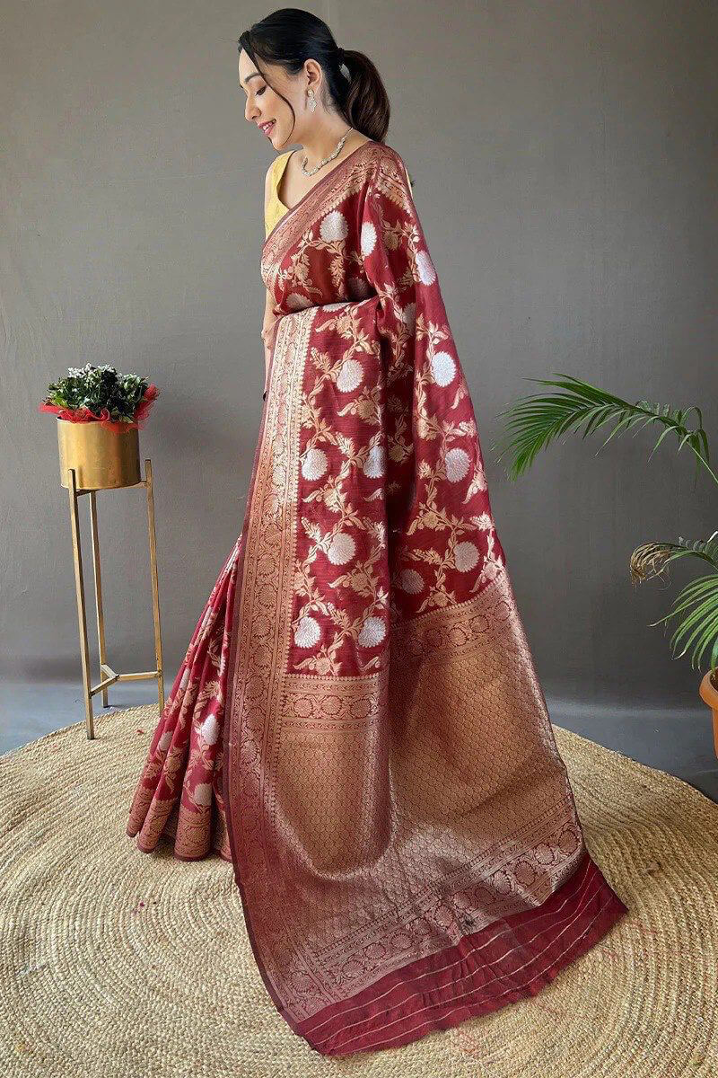 Dalliance Maroon Cotton Silk Saree With Prettiest Blouse Piece