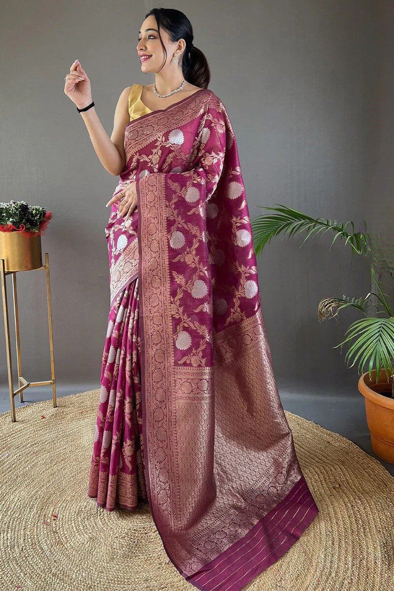 Dalliance Wine Cotton Silk Saree With Prettiest Blouse Piece