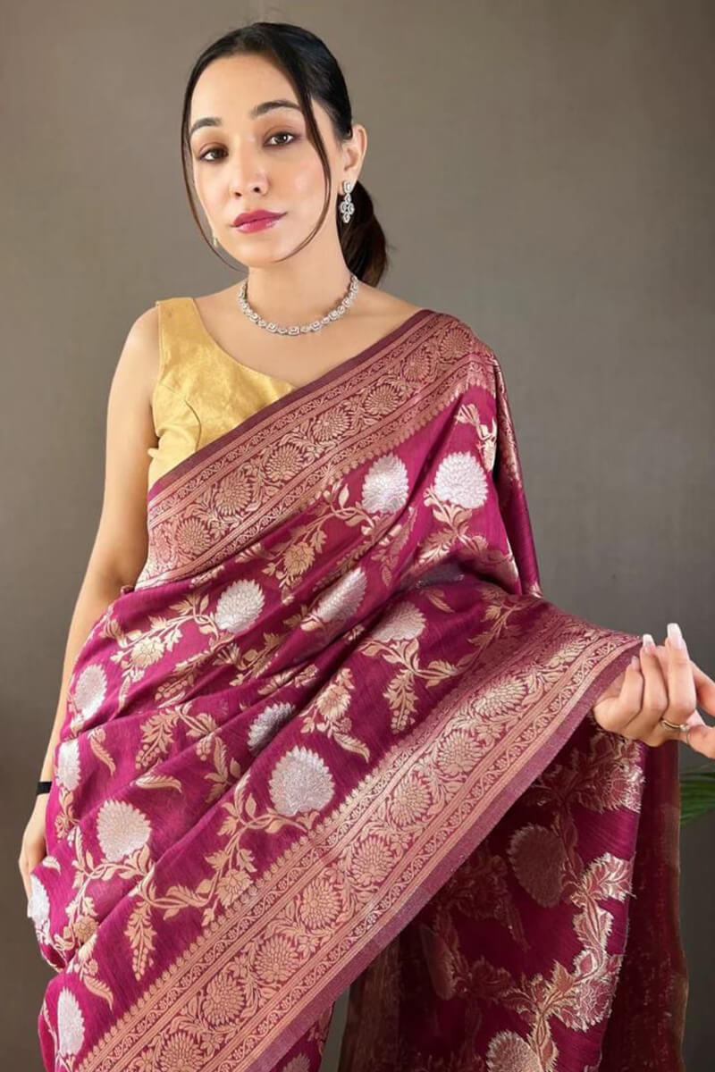 Dalliance Wine Cotton Silk Saree With Prettiest Blouse Piece