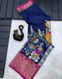 Innovative Navy Blue Digital Printed Dola Silk Saree With Effulgent Blouse Piece
