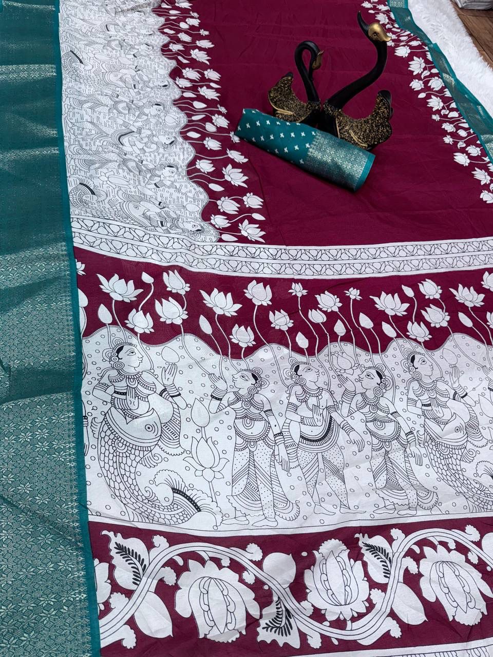 Verdant Maroon Digital Printed Dola Silk Saree With Trendy Blouse Piece