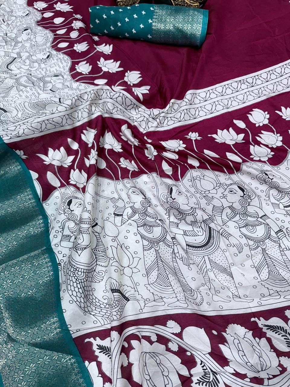 Verdant Maroon Digital Printed Dola Silk Saree With Trendy Blouse Piece