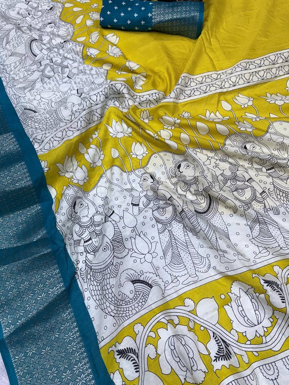 Unequalled Yellow Digital Printed Dola Silk Saree With Alluring Blouse Piece