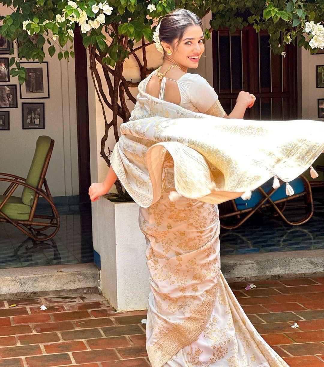 Smashing Beige Soft Silk Saree With Jubilant Blouse Piece