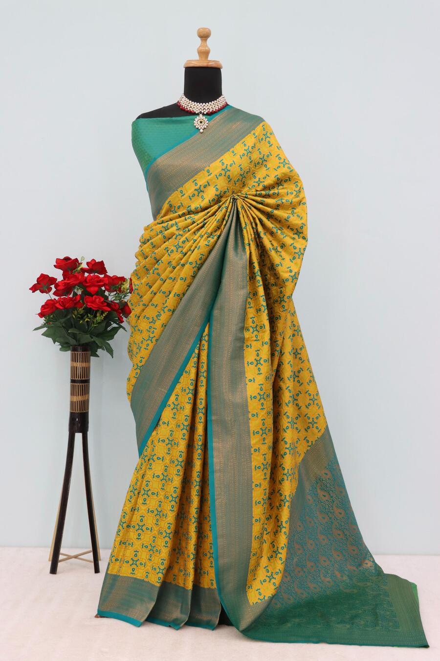 Designer Yellow Soft Banarasi Silk Saree With Gleaming Blouse Piece