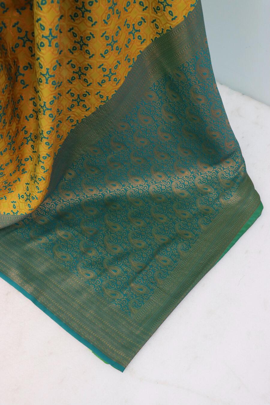 Designer Yellow Soft Banarasi Silk Saree With Gleaming Blouse Piece