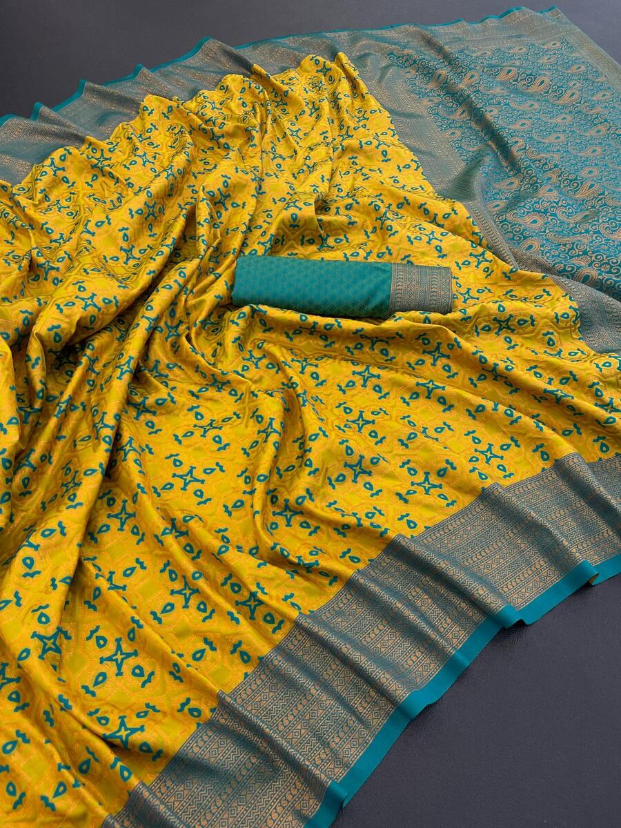Designer Yellow Soft Banarasi Silk Saree With Gleaming Blouse Piece
