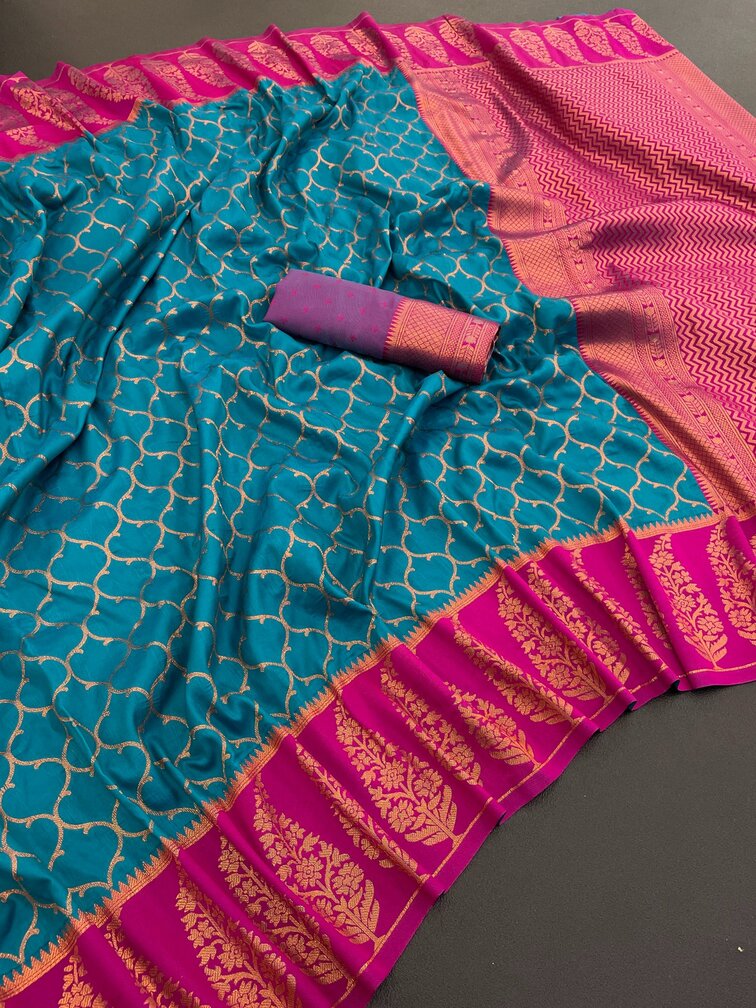 Nebula Rama Soft Banarasi Silk Saree With Winsome Blouse Piece