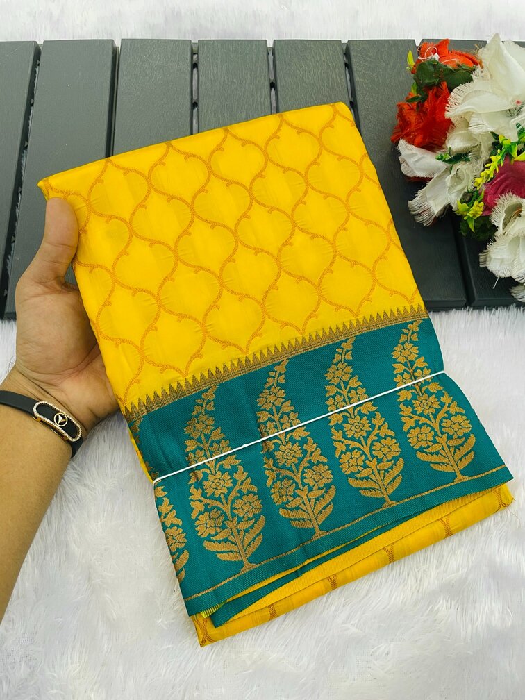 Fugacious Yellow Soft Banarasi Silk Saree With Beauteous Blouse Piece