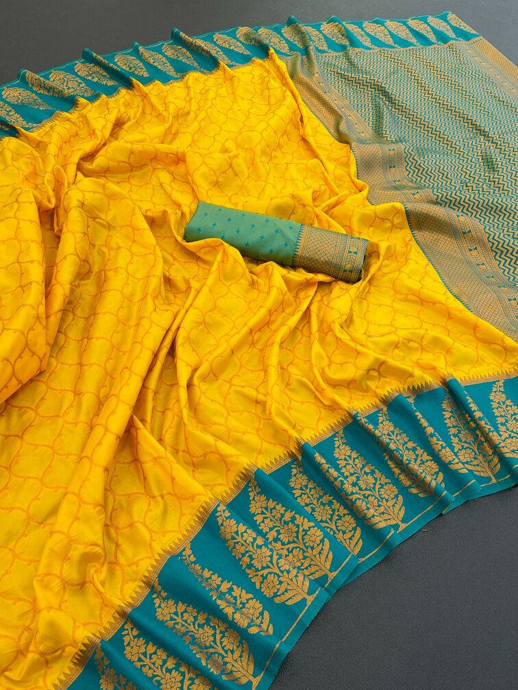 Fugacious Yellow Soft Banarasi Silk Saree With Beauteous Blouse Piece
