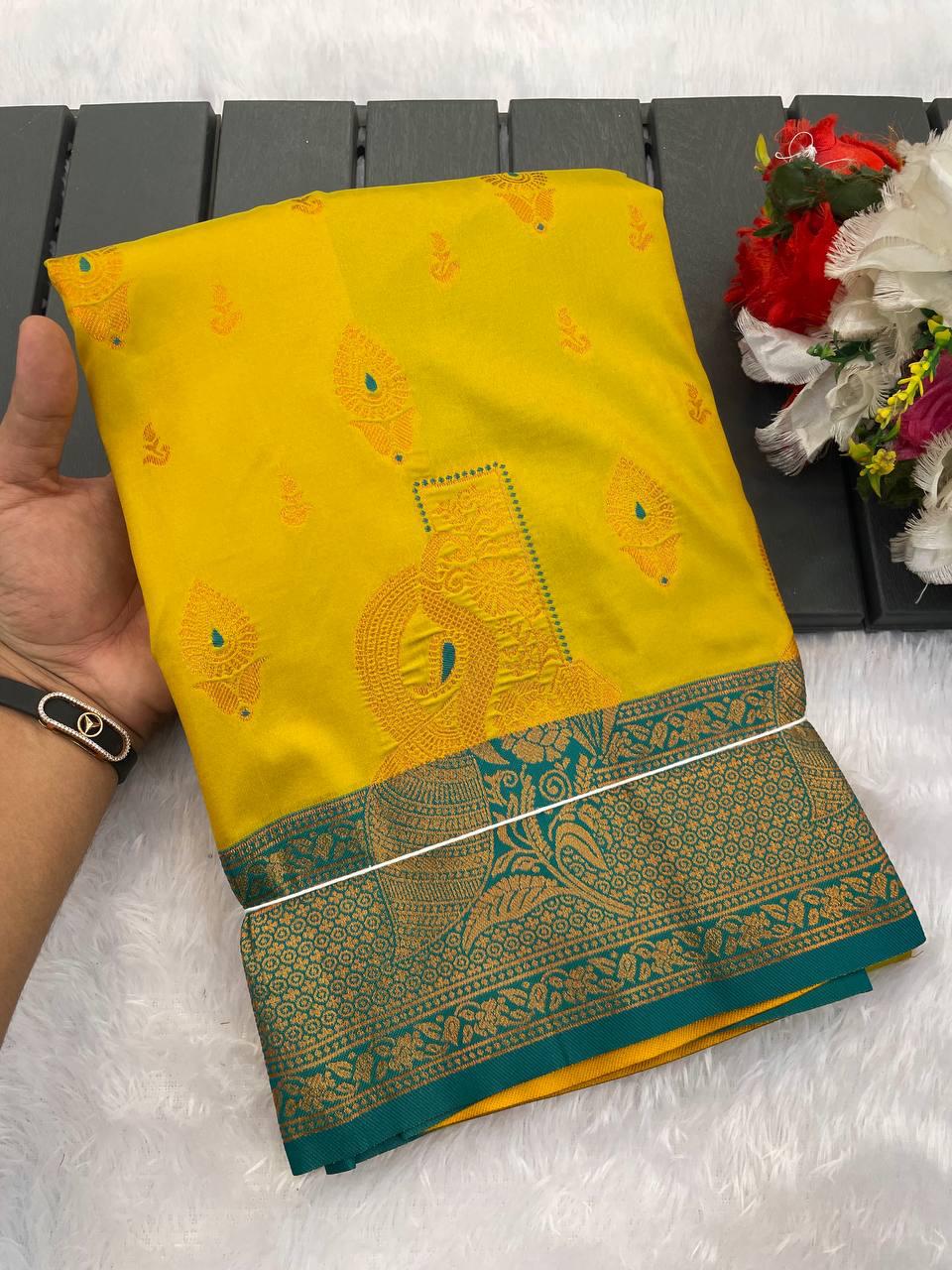 Eloquence Lemon Soft Banarasi Silk Saree With Traditional Blouse Piece