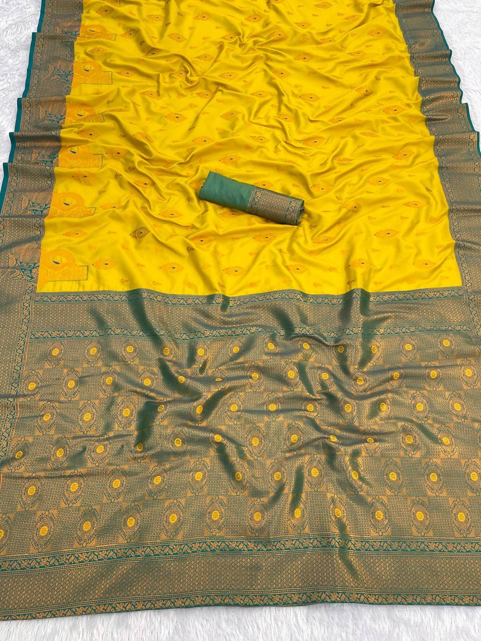 Eloquence Lemon Soft Banarasi Silk Saree With Traditional Blouse Piece