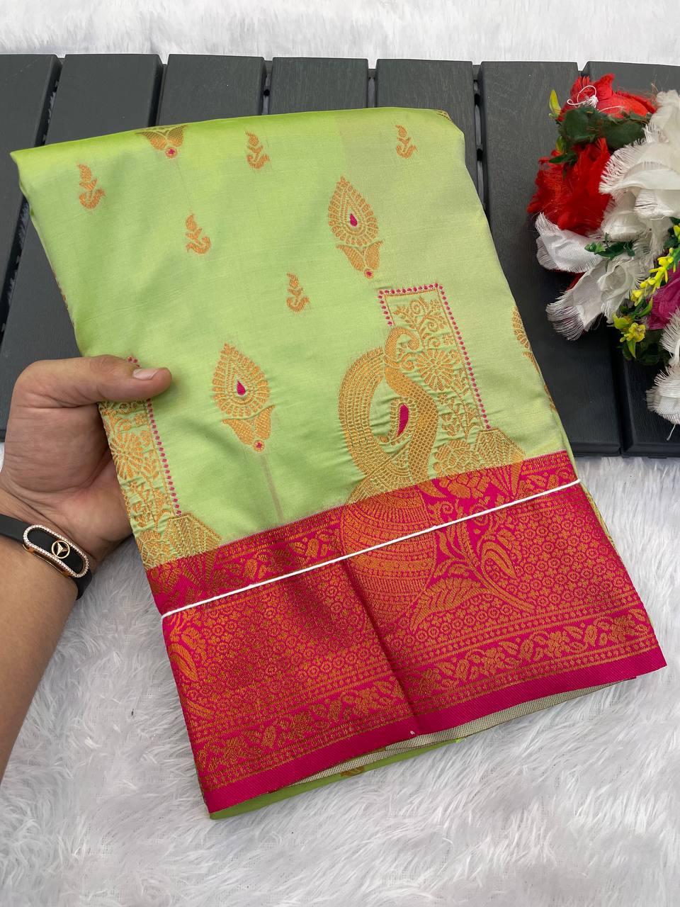 Attractive Pista Soft Banarasi Silk Saree With Precious Blouse Piece