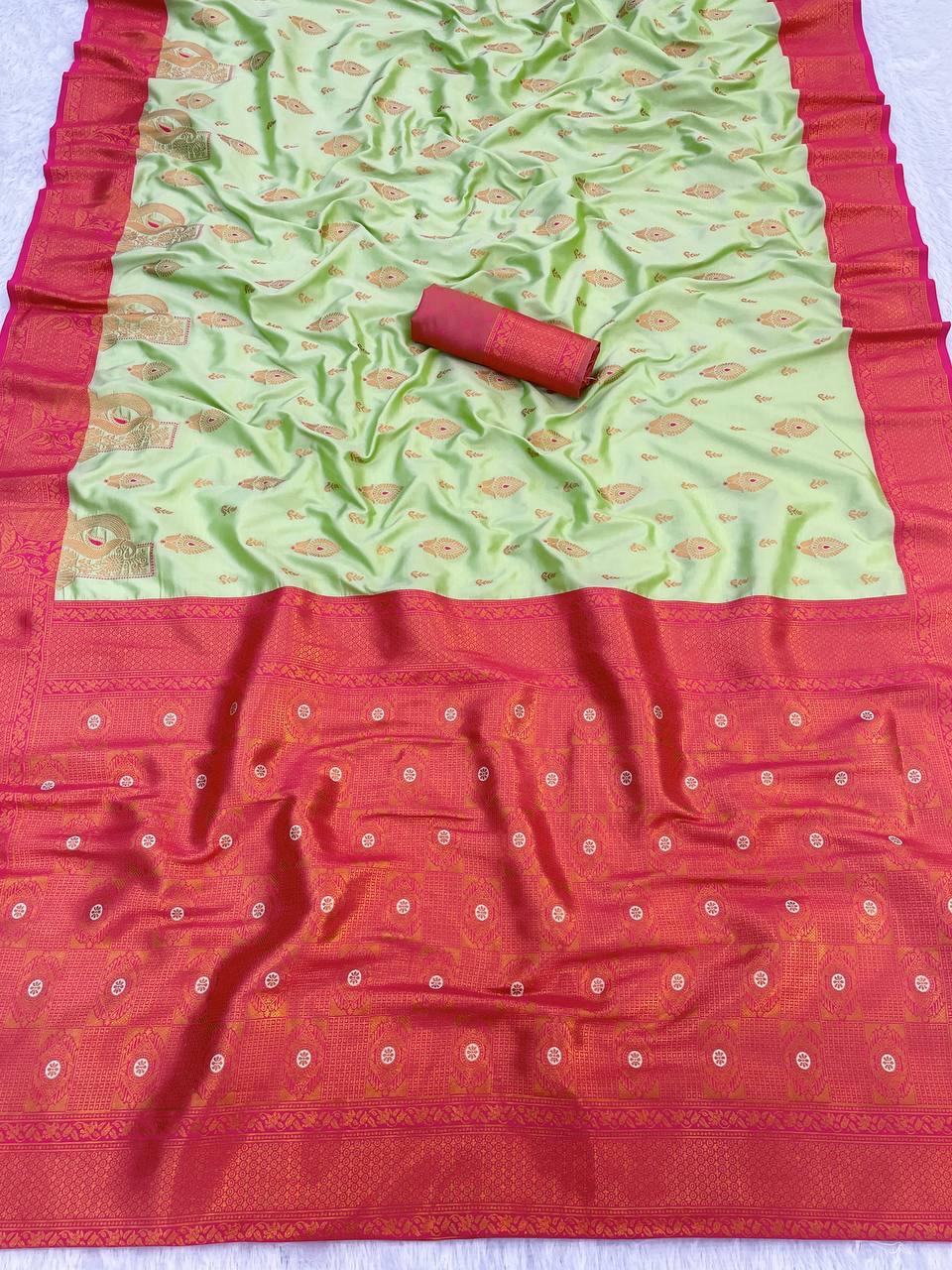 Attractive Pista Soft Banarasi Silk Saree With Precious Blouse Piece