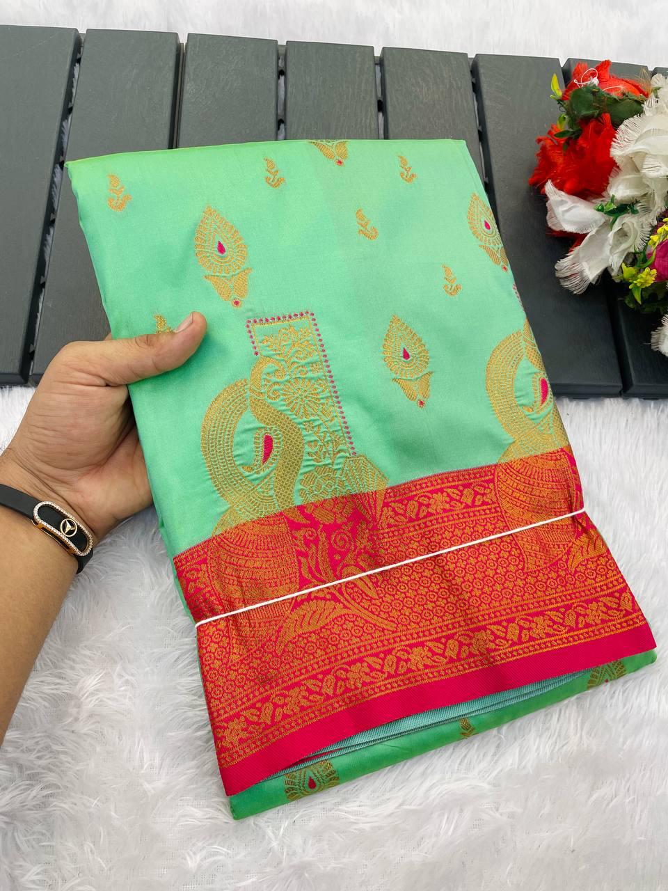 Aplomb Sea Green Soft Banarasi Silk Saree With Allure Blouse Piece