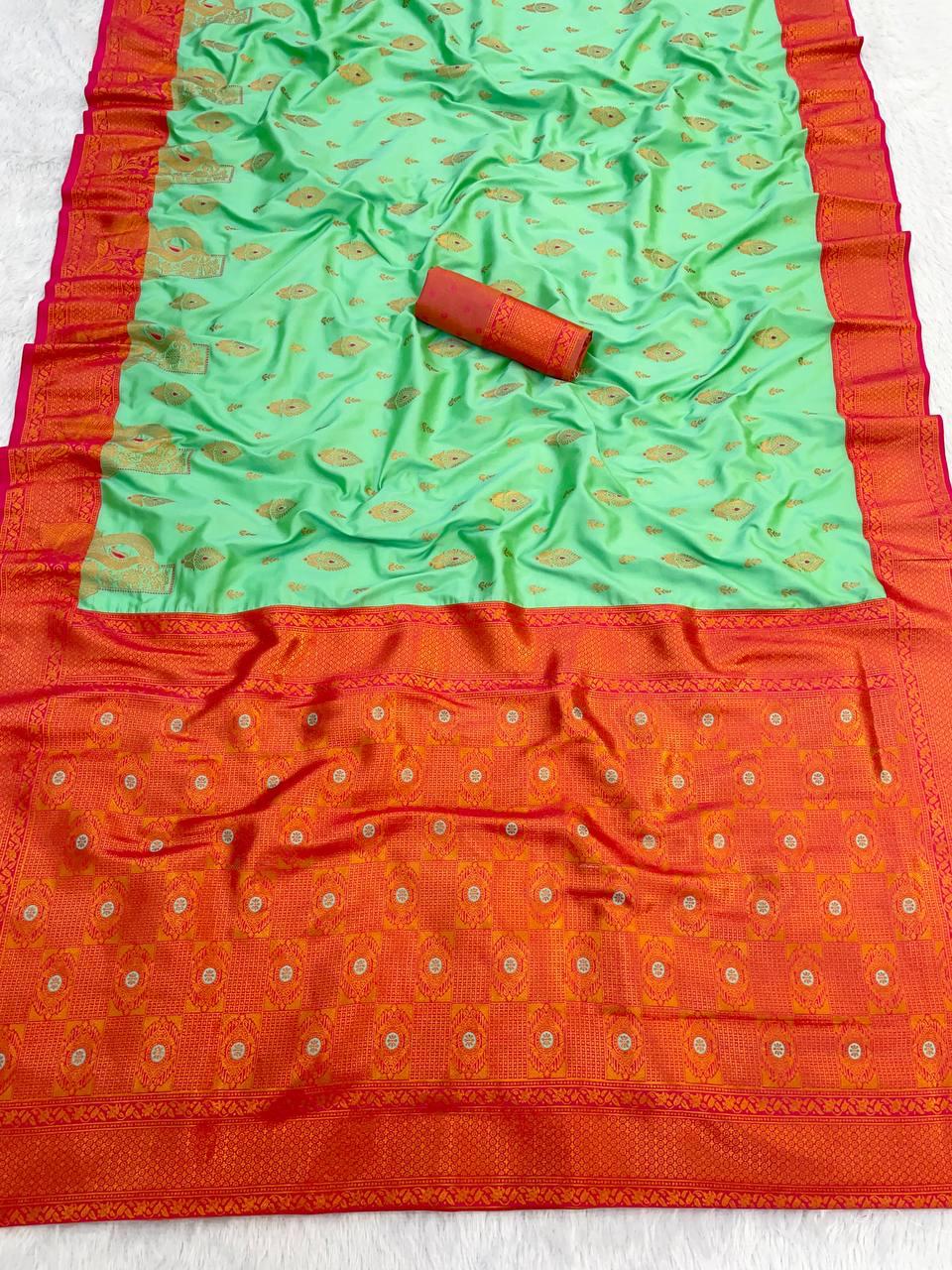Aplomb Sea Green Soft Banarasi Silk Saree With Allure Blouse Piece